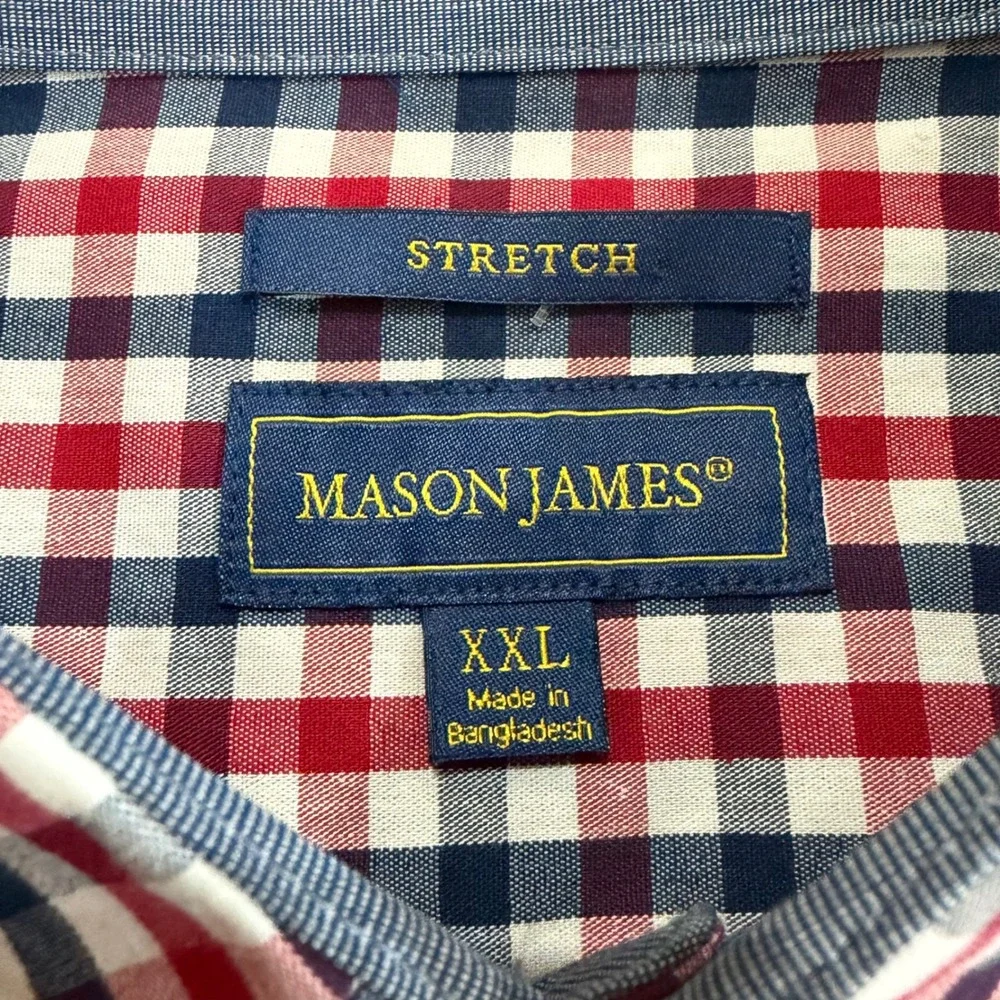 Mason James Mens XXL Red White Blue Gingham Stretch Non-Iron Wicking Shirt NWT - Picture 2 of 7